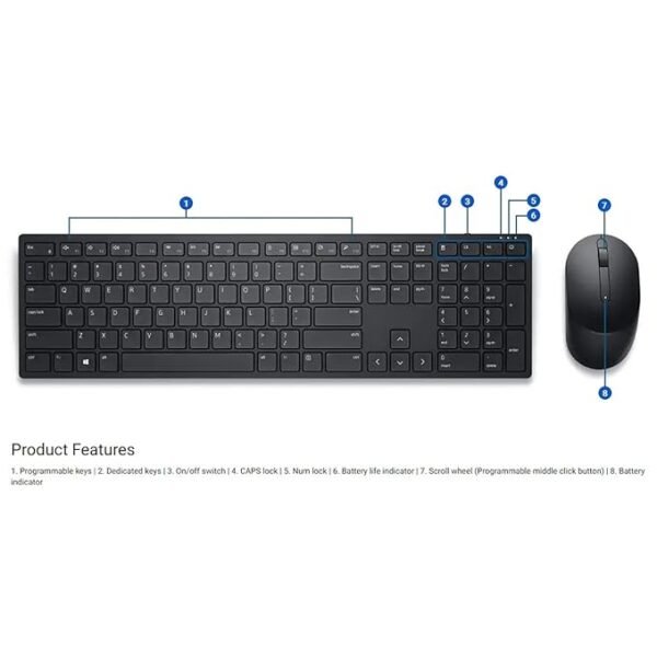 Dell KM5221W Pro 2.4GHz Wireless Keyboard with 12 Programmable Keys and 3 Button Optical Mouse Combo - Black - Image 3