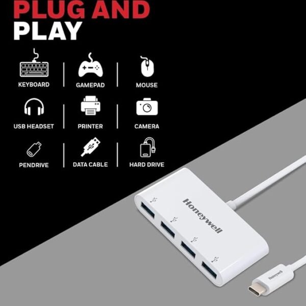 Honeywell Momentum Type C to 4xUSB 3.0 Hub, Super-Fast Transmission Speed 5GBPS, Max Current 900mA per Port, Universally Compatible with All Type C- MacBook, Laptop, PC, Printer, Mobiles, Keyboard - Image 3