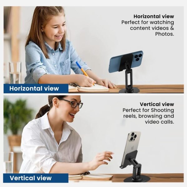 Portronics Mobot III 360° universal Mobile Phone Holder With Stable Metallic base,Adjustable Height, Anti Skid Pad,Tabletop Mobile Phone Stand for all Smartphones,tablets,Kindle,ipad(Black) - Image 2
