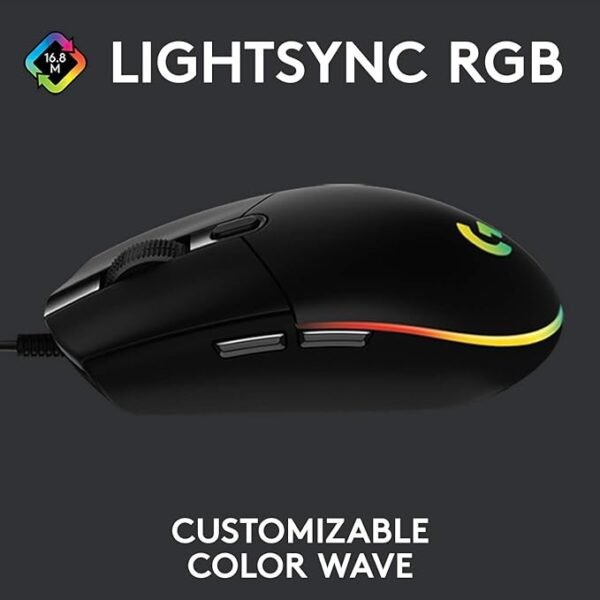 Logitech G102 USB Light Sync Gaming Mouse with Customizable RGB Lighting, 6 Programmable Buttons, Gaming Grade Sensor, 8K DPI Tracking, 16.8mn Color, Light Weight - Black - Image 2