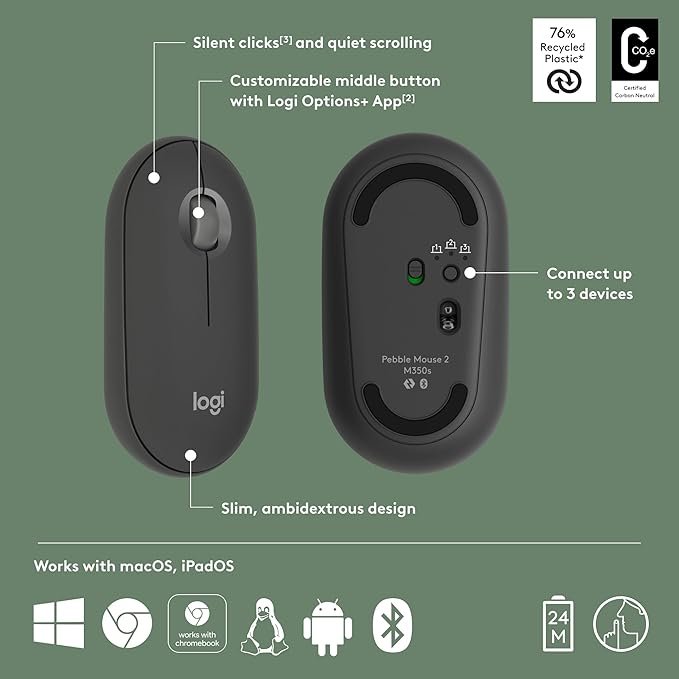 Logitech Pebble Mouse 2 M350s Slim Bluetooth Wireless Mouse, Portable, Lightweight, Customisable Button, Quiet Clicks, Easy-Switch for Windows, macOS, iPadOS, Android, Chrome OS - Tonal Graphite - Image 2
