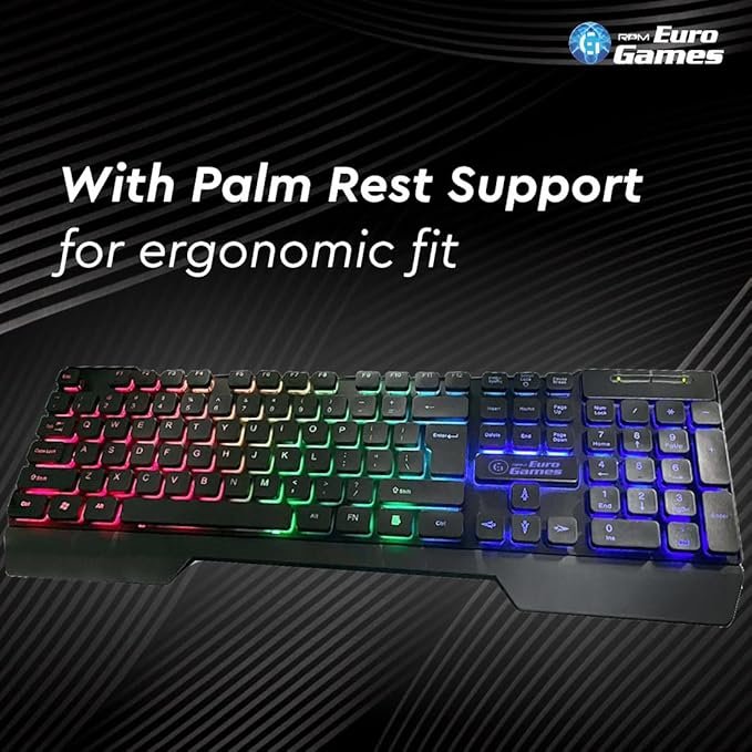 RPM Euro Games Gaming Backlit RGB Keyboard with Wrist Support Semi-Mechanical and USB (Black), (Open box new) - Image 3