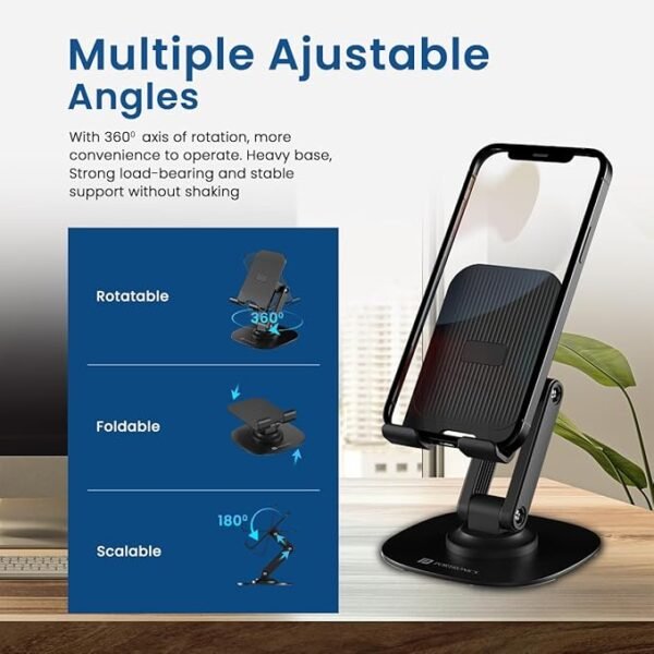 Portronics Mobot III 360° universal Mobile Phone Holder With Stable Metallic base,Adjustable Height, Anti Skid Pad,Tabletop Mobile Phone Stand for all Smartphones,tablets,Kindle,ipad(Black) - Image 3