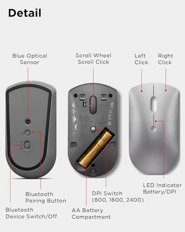 Lenovo 600 Bluetooth 5.0 Silent Mouse: Compact, Portable, Dongle-Free Multi-Device connectivity with Microsoft Swift Pair | 3-Level Adjustable DPI up to 2400 | Battery Life: up to 1 yr - Image 2