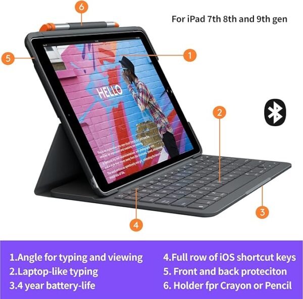 Logitech IPad (7th, 8th Generation) Keyboard Case Slim Folio with Integrated Wireless Keyboard (Graphite) - Image 2