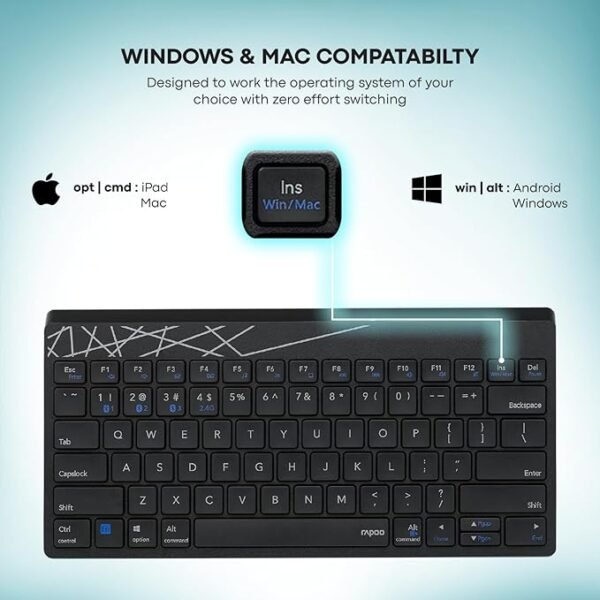 Rapoo K8000M Multi-Mode Keyboard,Bluetooth 3.0/4.0 Wireless 2.4 GHz Compatible with Windows, iOS, Android, Tablets, Smartphones - Blk, 3-Year Warranty - Image 5