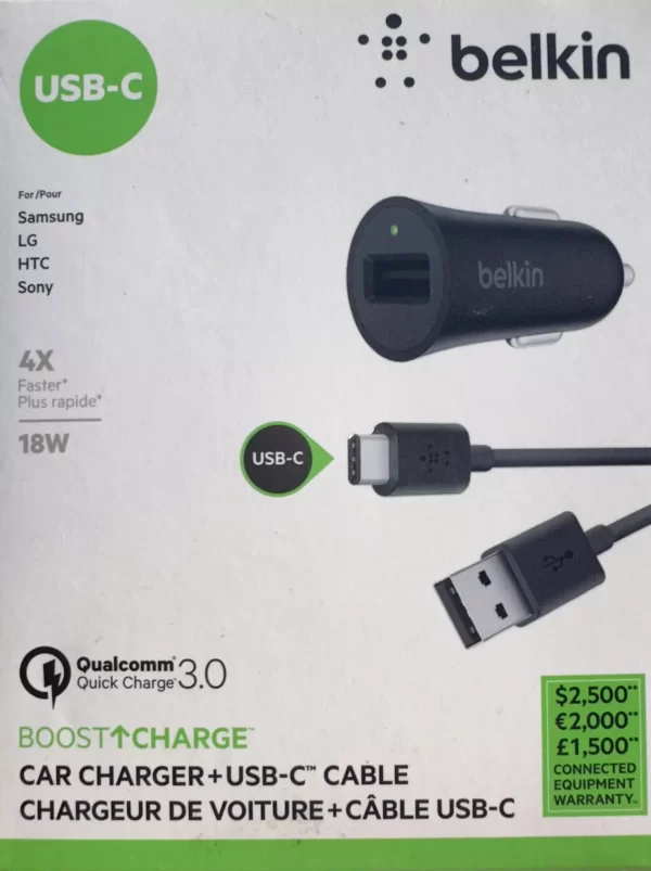 Belkin Boost up Quick Charge 3.0 18w Car Charger 1.2m Usb-a to C Cable