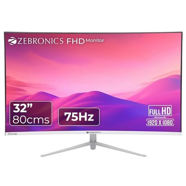 ZEBRONICS AC32FHD LED Monitor, 32 inch (81.28cm), 250 nits, 75hz, 1800R Curved wide screen, FHD, 1080p, Wall Mountable, VGA, HDMI, Ultra Slim Bezel, Metal stand, Built-in Speakers