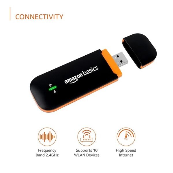 AmazonBasics 4G LTE WiFi USB Dongle Stick with All SIM Support | Plug & Play Data Card with up to 150Mbps Data Speed, Hotspot for 10 People, Premium QUALCOMM Chipset, Single_Band, Black - Image 3