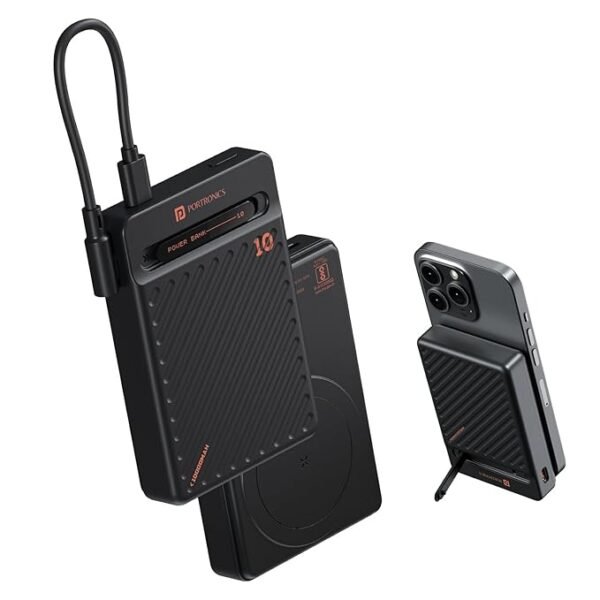 Portronics Chyro 10000mAh Magnetic Wireless Fast Charging Powerbank with MagSafe Mobile Stand,in-Built Type C Cable,20W Max Output for iPhone 12 & Above, Android & Other Qi Enabled Devices(Black) Visit the Portronics Store