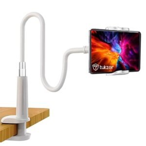 Tukzer Universal Tabletop Mobile & Tablet Holder with 360 Degree Flexible Rotation for Bed, Table, Kitchen, Bathroom Compatible with 4 inches to 10.5 Inches Tablet/Smartphones - White (Open box new)