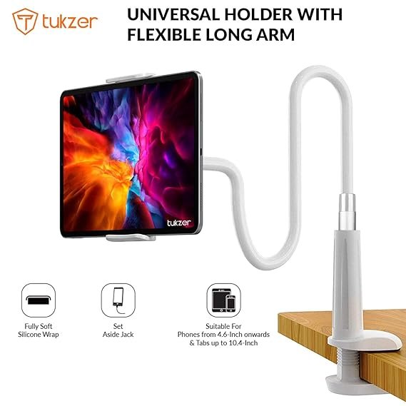 Tukzer Universal Tabletop Mobile & Tablet Holder with 360 Degree Flexible Rotation for Bed, Table, Kitchen, Bathroom Compatible with 4 inches to 10.5 Inches Tablet/Smartphones - White (Open box new) - Image 4