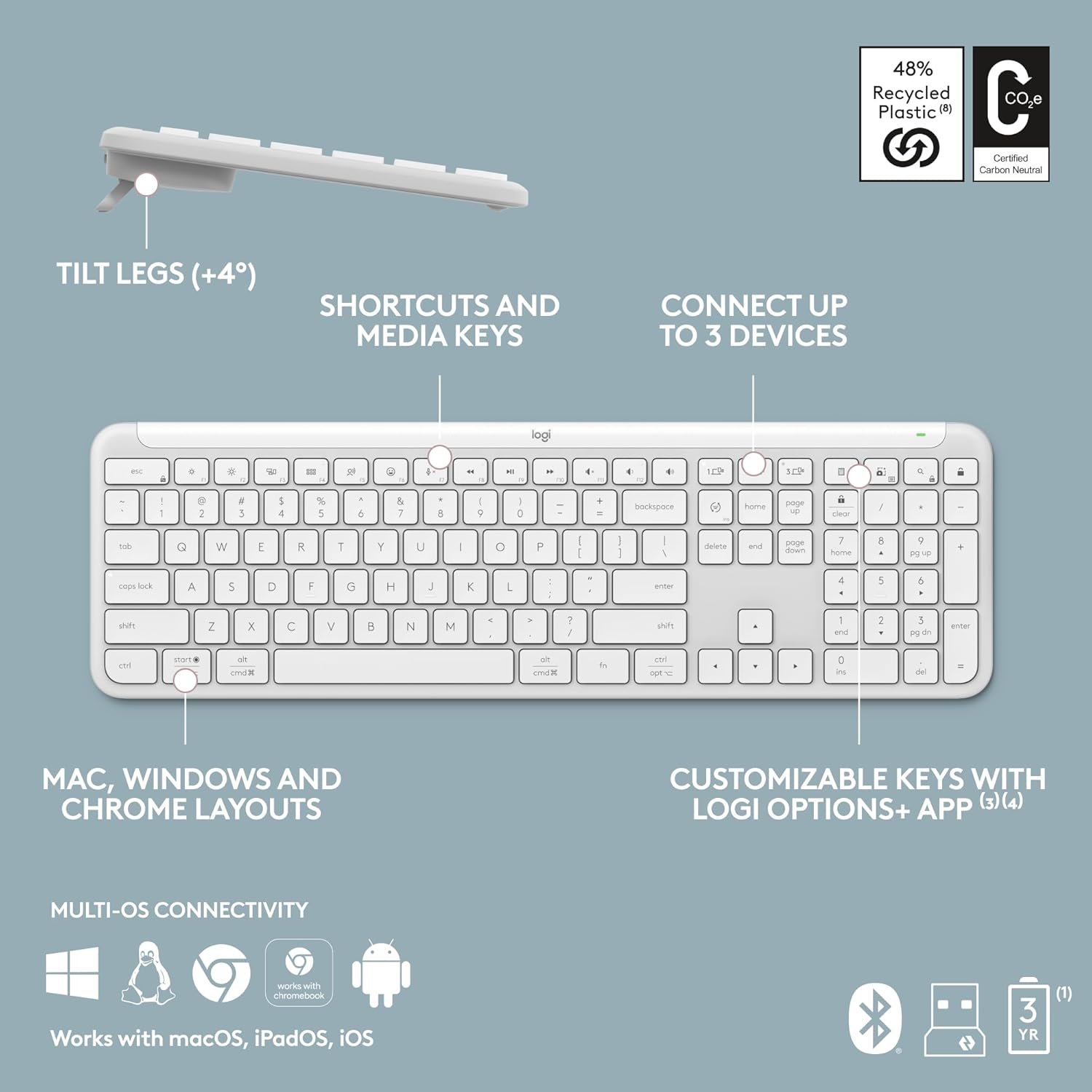 Logitech MK950 Signature Slim Wireless Keyboard and Mouse Combo, Sleek Design, Quiet Typing and Clicking, Switch Across Three Devices, Bluetooth, Multi-OS, Works with Windows and Mac - White(Sealed pack) - Image 4