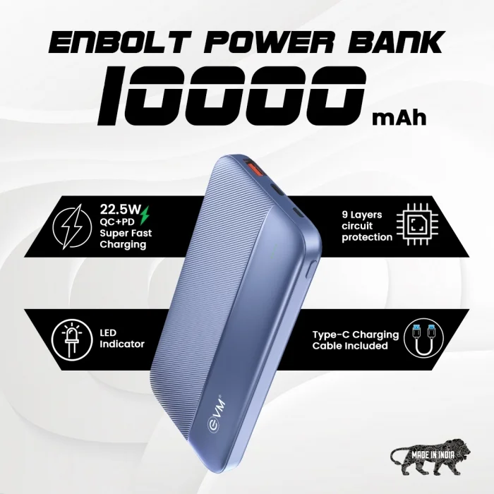 EVM EnBolt 10000 mAh Power Bank with 22.5W QC+PD, Type-C Charging Dual Output & Dual Input (Purple) (Sealed pack) - Image 4