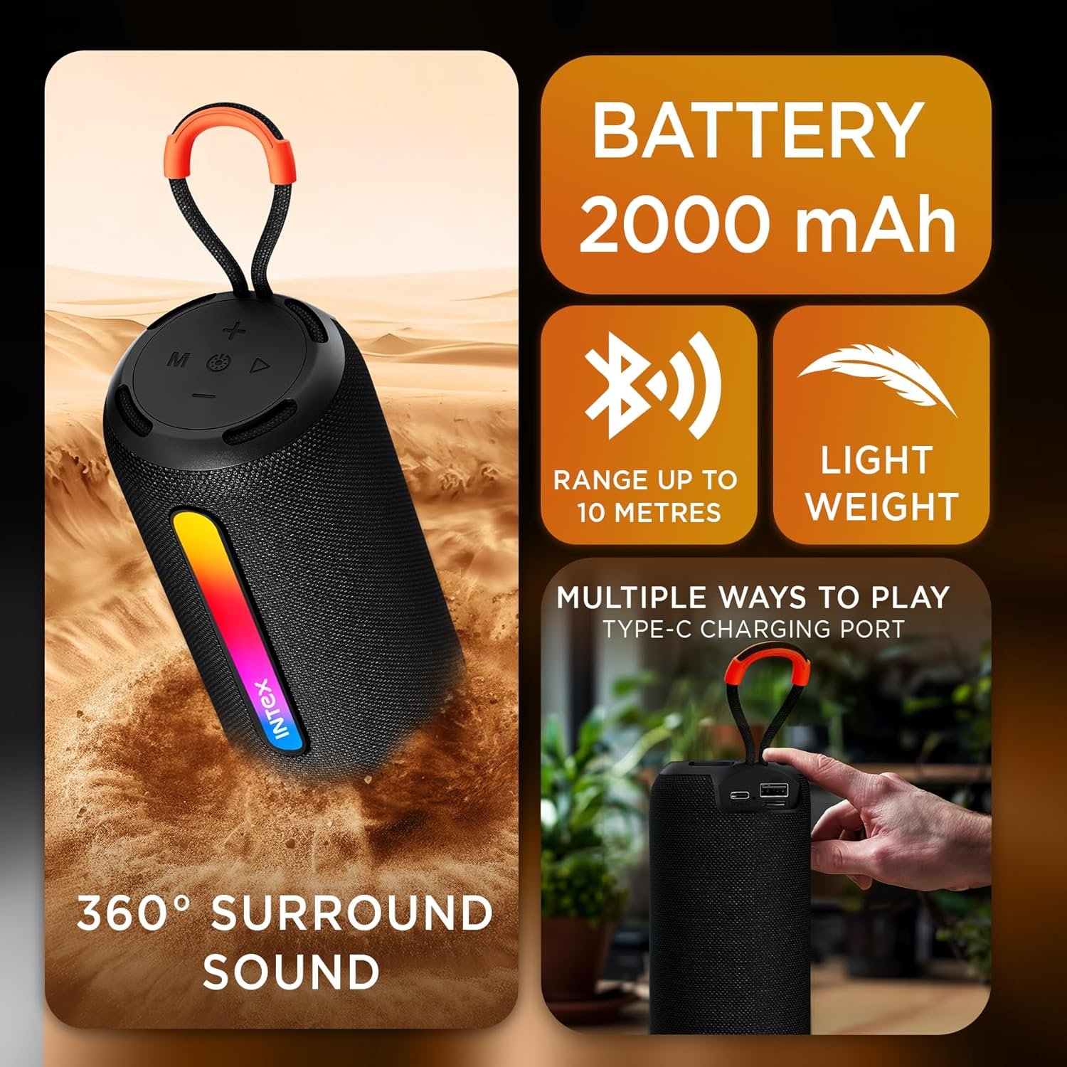 Intex Beast 10X Newly Launched Bluetooth Speaker | 360° Iconic Surround Sound | Rhythmic RGB LED Light | TWS Feature | Type-C Fast Charging | Upto 5 Hrs Playback | BT 5. for Party & Travel - Black (Open Box New) - Image 2