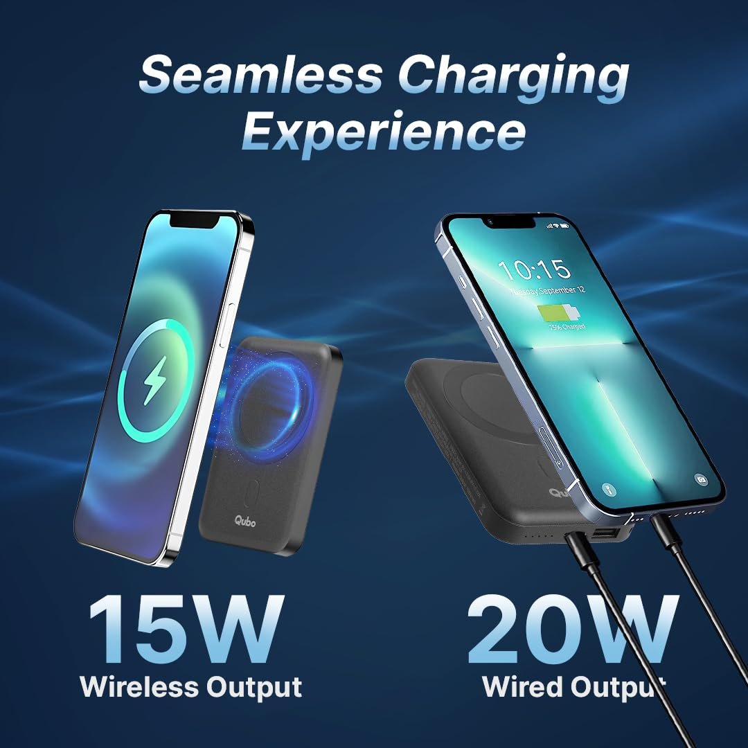 Qubo MagZap X5 Power Bank from Hero Group Magnetic Magsafe Wireless Power Bank, 15W Wireless/20W Wired Output, USB Type C, Supports iPhone 12 & Above, Metal Ring Included for Older Models (Open Box New) - Image 3