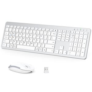 iClever GK08 Wireless Keyboard and Mouse - Rechargeable Ergonomic Keyboard with Number Pad, Silent Typing, 2.4G Stable Connection, Slim Design for Mac & Windows - Silver (Open Box New)