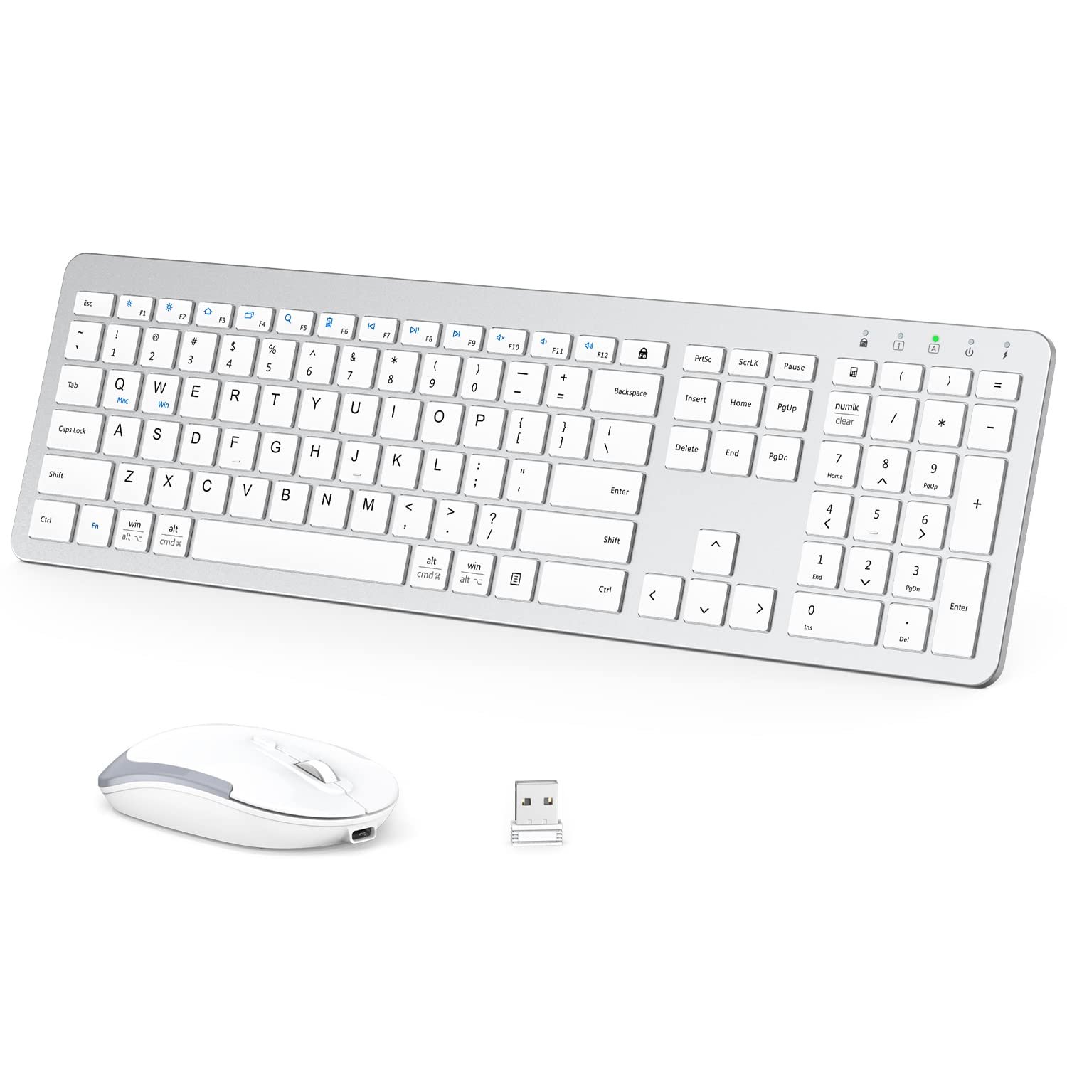 iClever GK08 Wireless Keyboard and Mouse - Rechargeable Ergonomic Keyboard with Number Pad, Silent Typing, 2.4G Stable Connection, Slim Design for Mac & Windows - Silver (Open Box New)