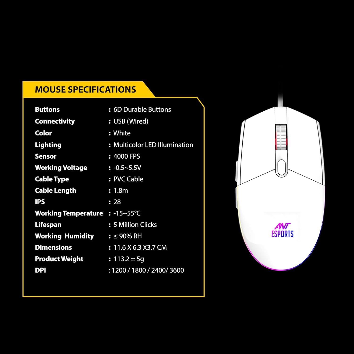 Ant Esports KM1610 LED Gaming Keyboard and Mouse Combo, 104 Keys Rainbow Backlit Keyboard and 7 Colour RGB Mouse for PC Laptop Xbox PS4 Gamers and Work, White (Open Box New) - Image 7