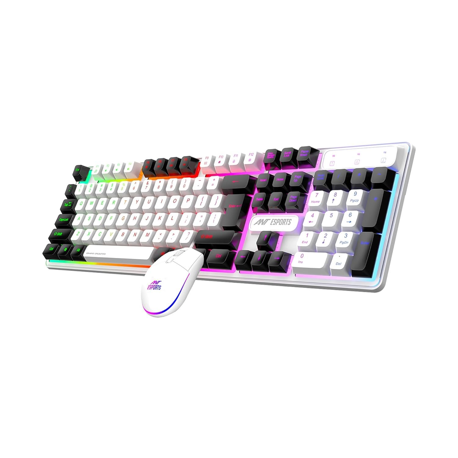 Ant Esports KM1610 LED Gaming Keyboard and Mouse Combo, 104 Keys Rainbow Backlit Keyboard and 7 Colour RGB Mouse for PC Laptop Xbox PS4 Gamers and Work, White (Open Box New)