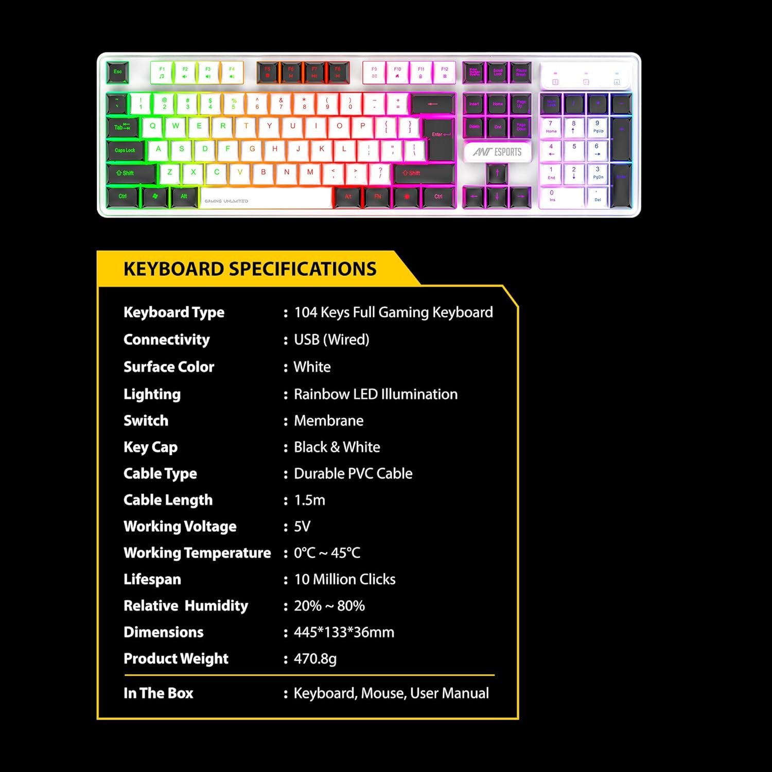 Ant Esports KM1610 LED Gaming Keyboard and Mouse Combo, 104 Keys Rainbow Backlit Keyboard and 7 Colour RGB Mouse for PC Laptop Xbox PS4 Gamers and Work, White (Open Box New) - Image 8