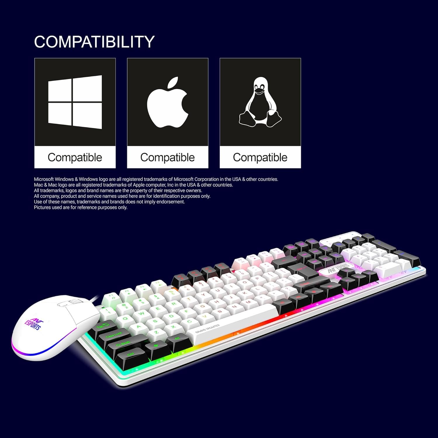 Ant Esports KM1610 LED Gaming Keyboard and Mouse Combo, 104 Keys Rainbow Backlit Keyboard and 7 Colour RGB Mouse for PC Laptop Xbox PS4 Gamers and Work, White (Open Box New) - Image 5