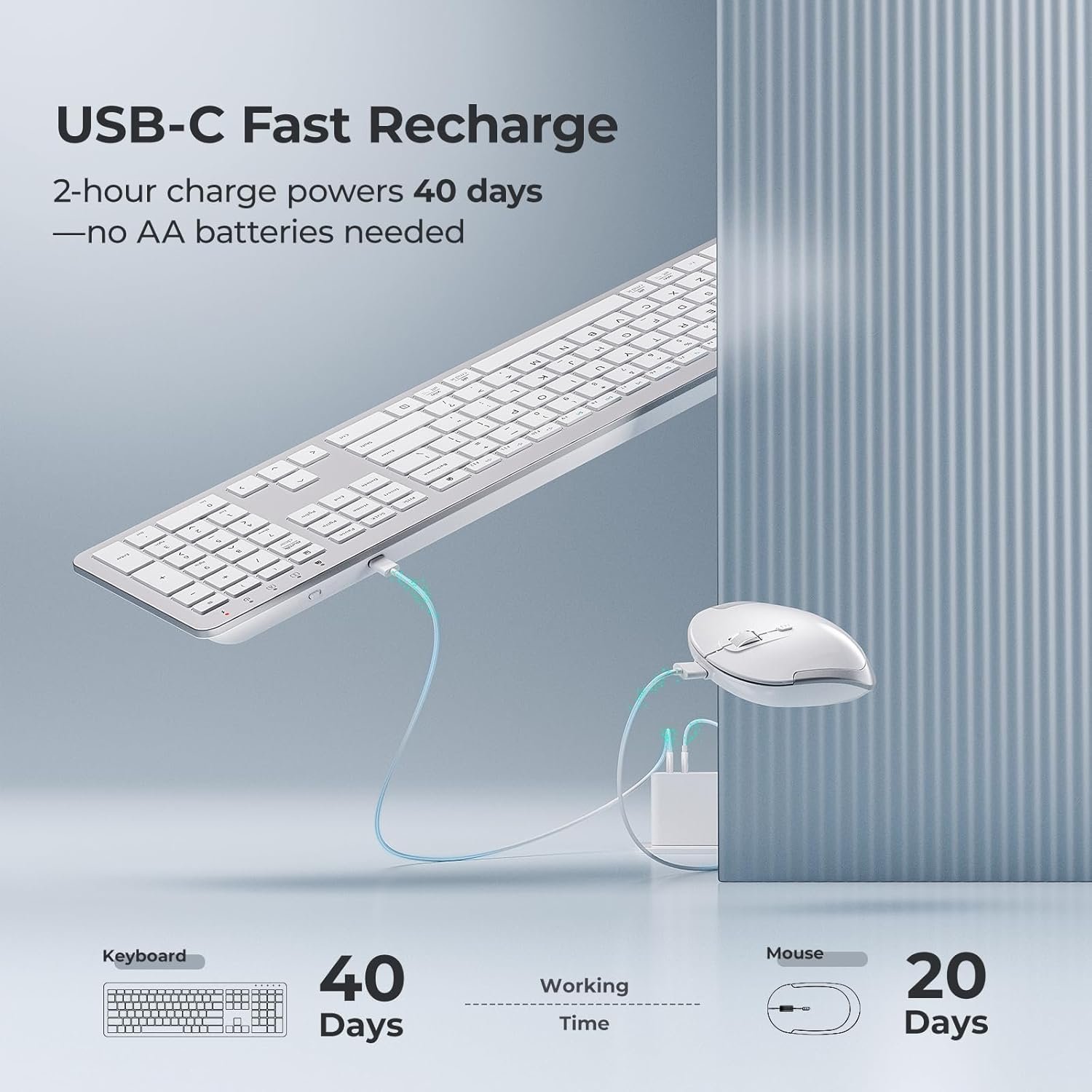 iClever GK08 Wireless Keyboard and Mouse - Rechargeable Ergonomic Keyboard with Number Pad, Silent Typing, 2.4G Stable Connection, Slim Design for Mac & Windows - Silver (Open Box New) - Image 3