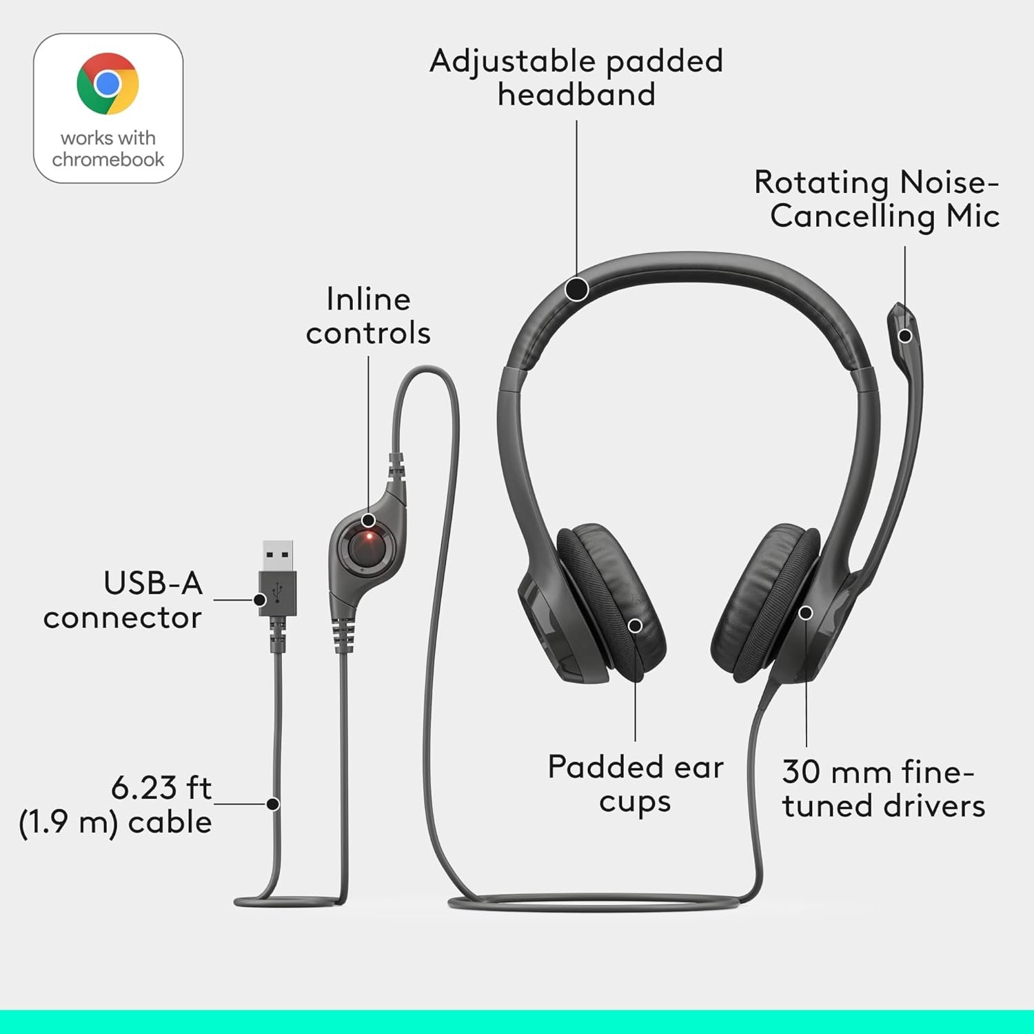 Logitech H390 Wired Headset for PC/Laptop, Stereo Headphones with Noise Cancelling Microphone, USB-A, in-Line Controls, Works with Chromebook - Graphite (Sealed Pack) - Image 5