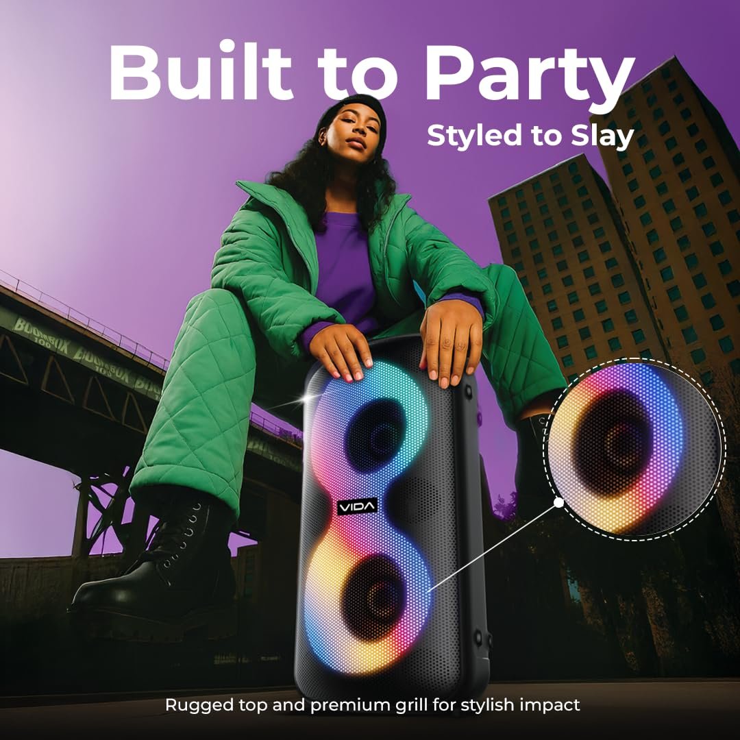 VIDA Boombox 100 | 100W Party Speaker with Party Bass Booster & Vivid RGB Lighting | Up to 6H Playtime | Lightweight & Portable | 4 Dynamic Speakers | Bluetooth, AUX, TF Card & USB-C Connectivity - Image 2