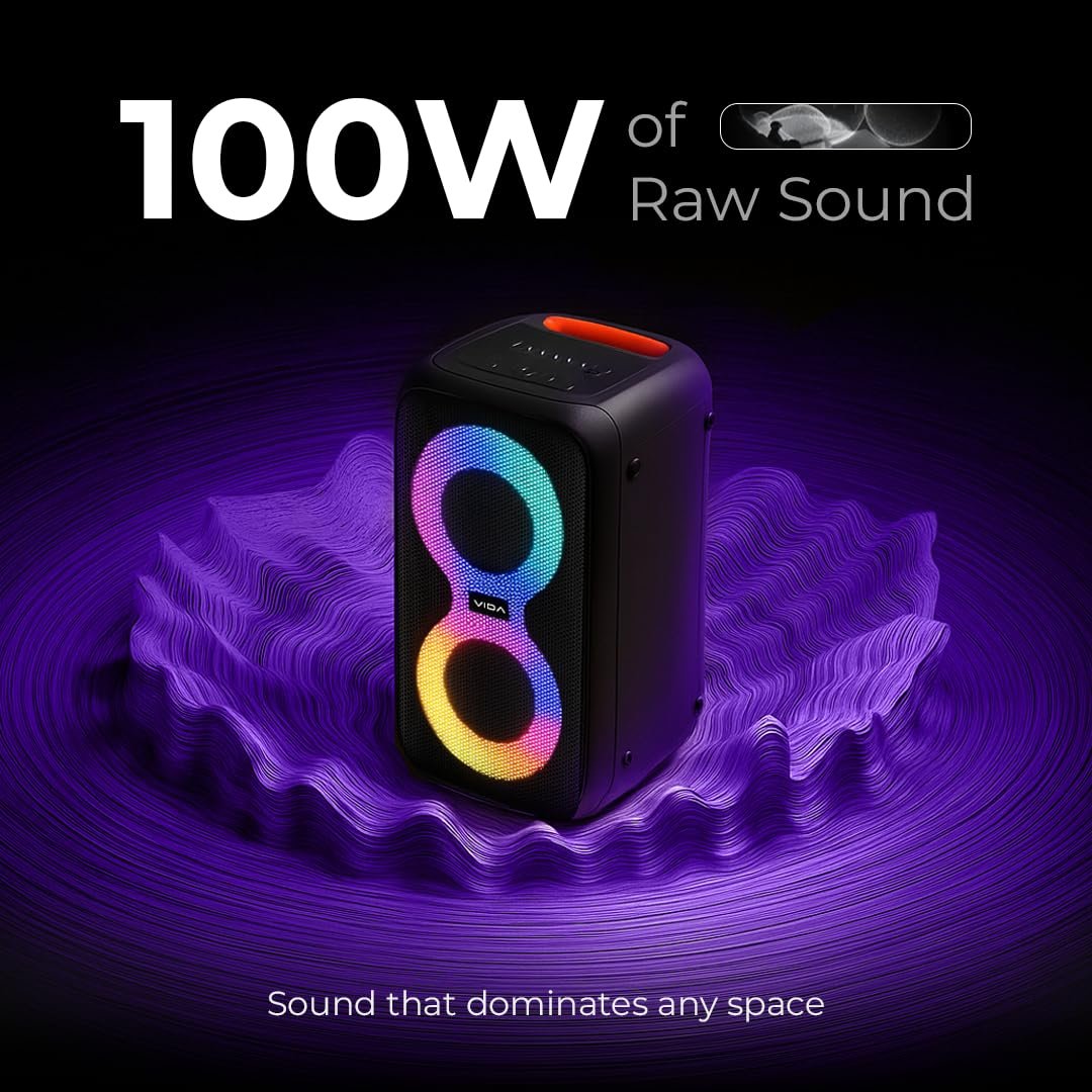 VIDA Boombox 100 | 100W Party Speaker with Party Bass Booster & Vivid RGB Lighting | Up to 6H Playtime | Lightweight & Portable | 4 Dynamic Speakers | Bluetooth, AUX, TF Card & USB-C Connectivity - Image 3