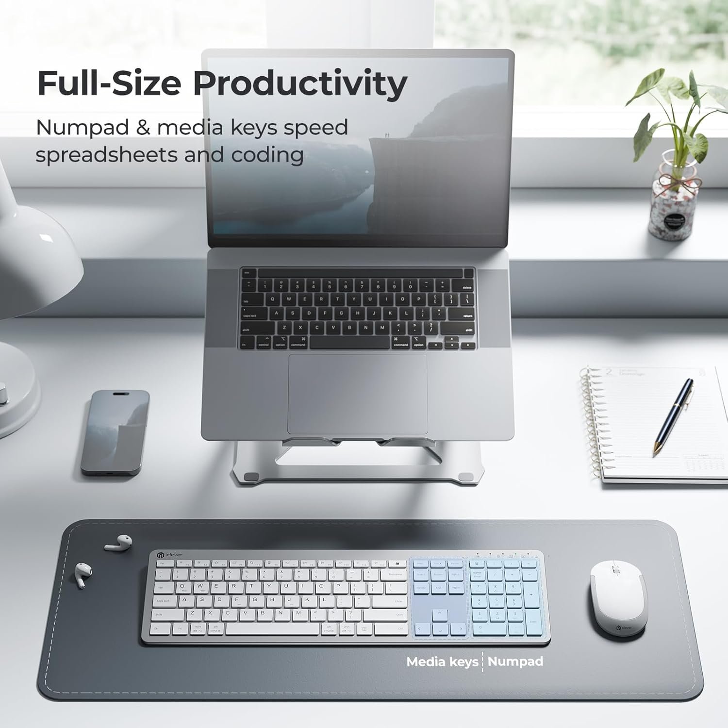 iClever GK08 Wireless Keyboard and Mouse - Rechargeable Ergonomic Keyboard with Number Pad, Silent Typing, 2.4G Stable Connection, Slim Design for Mac & Windows - Silver (Open Box New) - Image 4