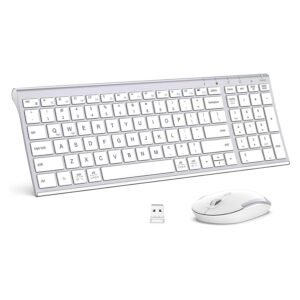 iClever Wireless Keyboard & Mouse Combo GK03-2.4G Portable Wireless Keyboard Mouse with Rechargeable Battery, Ergonomic Design, Full Size, Slim & Thin, Stable Connection, Adjustable DPI, Silver/White