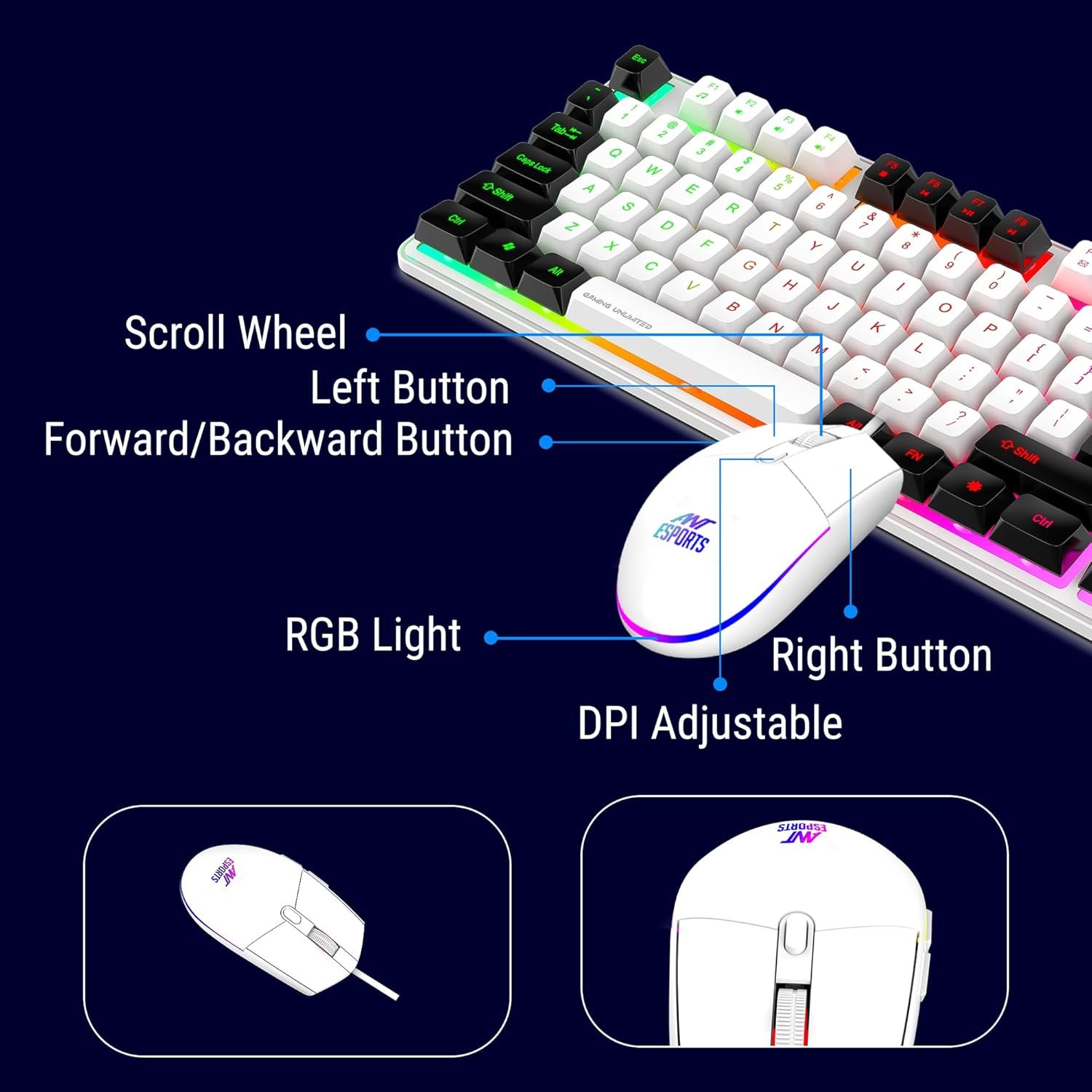 Ant Esports KM1610 LED Gaming Keyboard and Mouse Combo, 104 Keys Rainbow Backlit Keyboard and 7 Colour RGB Mouse for PC Laptop Xbox PS4 Gamers and Work, White (Open Box New) - Image 6
