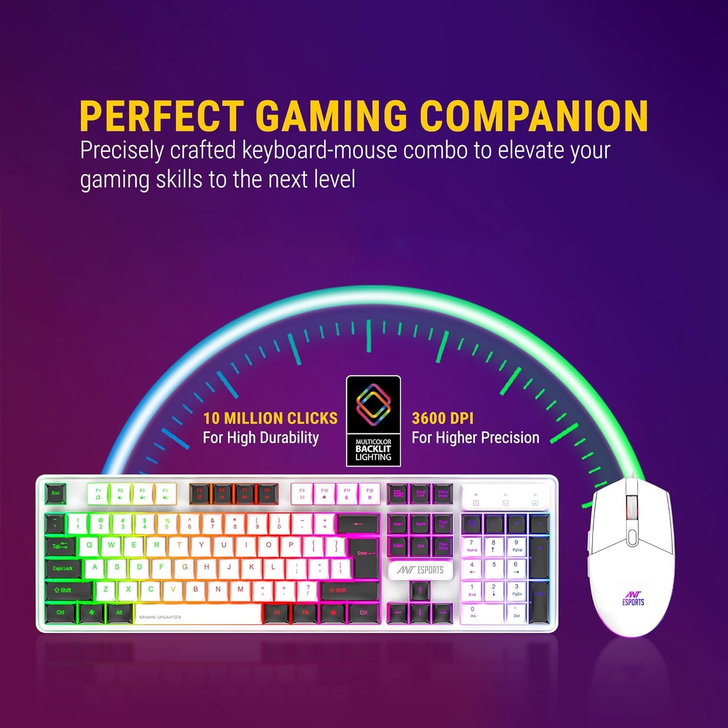 Ant Esports KM1610 LED Gaming Keyboard and Mouse Combo, 104 Keys Rainbow Backlit Keyboard and 7 Colour RGB Mouse for PC Laptop Xbox PS4 Gamers and Work, White (Open Box New) - Image 2