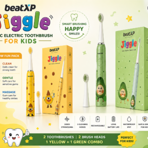 beatXP Jiggle Sonic Electric Toothbrush For Kids With 2 Brush Heads & 3 Cleaning Modes|Rechargeable Electric Toothbrush|20500 Strokes/Min With Long Battery Life, - colour 1 green & 1  Yolky yellow (Combo Pack), (Sealed Pack)