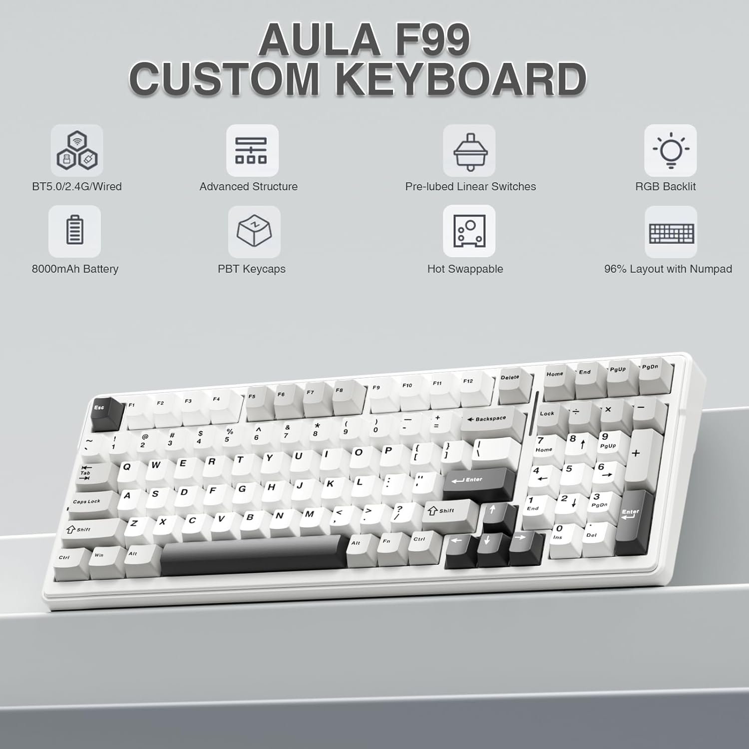 AULA F99 Wireless Mechanical Keyboard | Tri-Mode BT5.0/2.4GHz/USB-C (Gray White... - Image 2