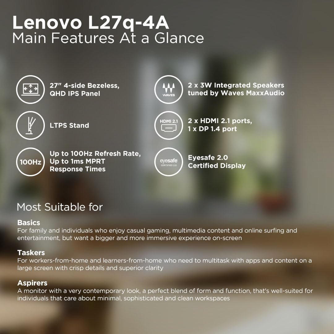 Lenovo L-Series 27-inch (68.5cm) QHD IPS Monitor| 100Hz, Speakers, Pivot... - Image 8