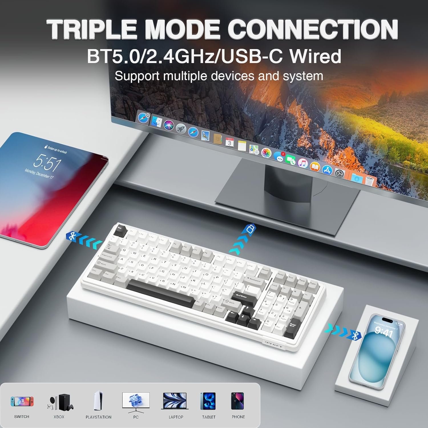 AULA F99 Wireless Mechanical Keyboard | Tri-Mode BT5.0/2.4GHz/USB-C (Gray White... - Image 3