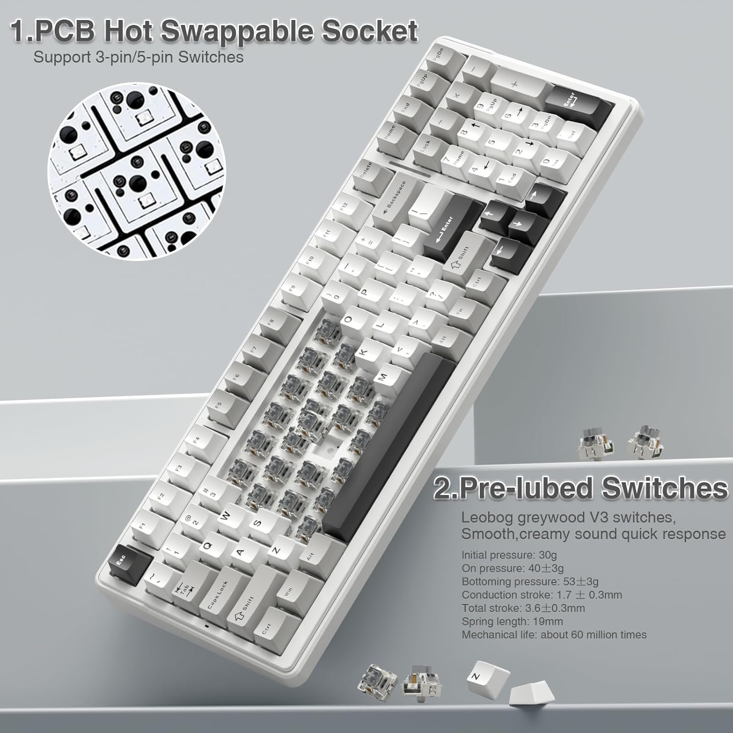AULA F99 Wireless Mechanical Keyboard | Tri-Mode BT5.0/2.4GHz/USB-C (Gray White... - Image 5