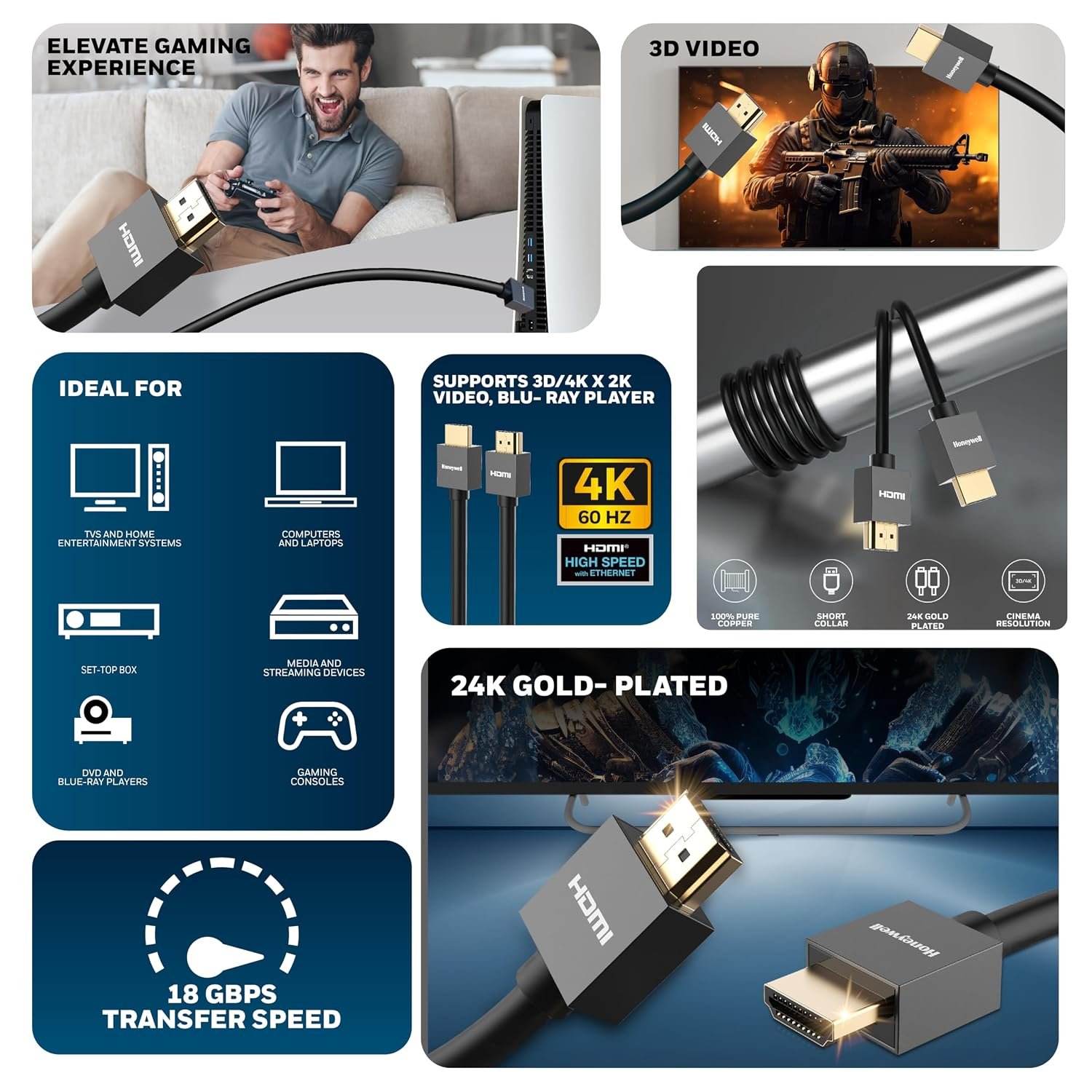 Honeywell HDMI Cable v2.0 with Ethernet, 3D/4K@60Hz Ultra HD Resolution,... - Image 7