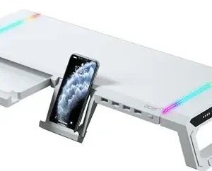 acer Ergo Multifunction Monitor & Laptop Stand Featuring RGB Lighting and a 4-Port USB Hub with Aluminum Multi Keyboard Storage Space Bar, Suitable for Both Office and Home (White) - Open Box