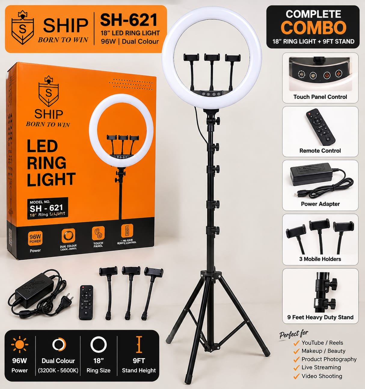 SH-621 18 Inch 96W Touch Control LED Ring Light With...