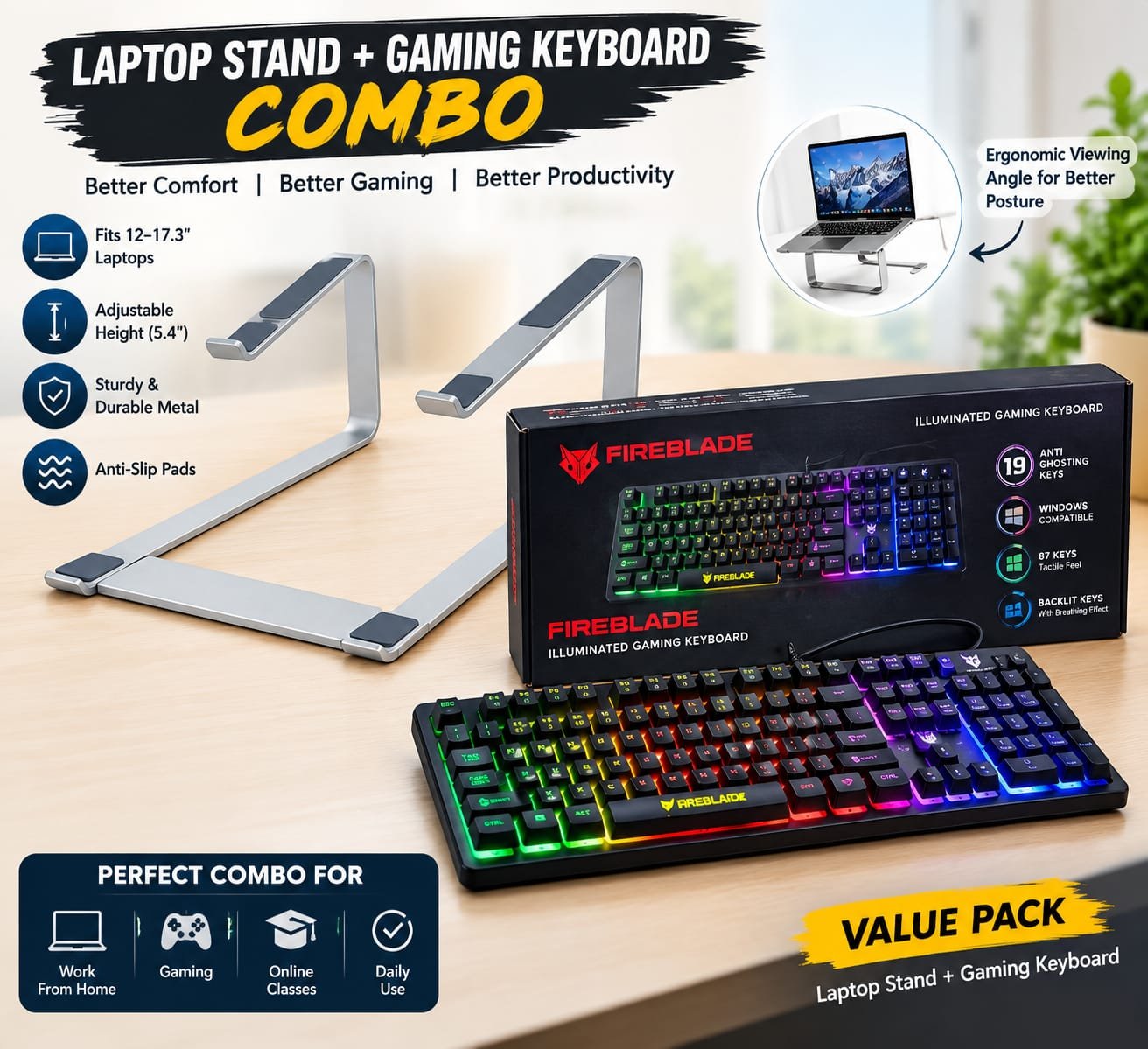 Tarkan Laptop Stand + EvoFox Fireblade RGB Gaming Keyboard Combo... - Image 2